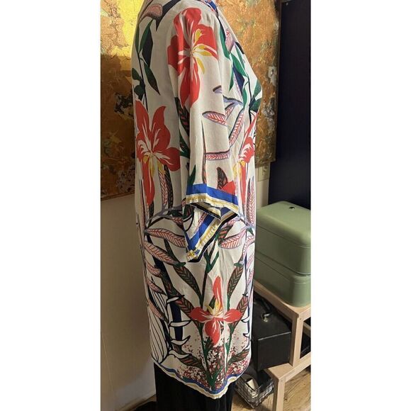 Flying Tomato Womens M/L Duster Kimono White Multi Hibiscus Print 3/4 Sleeves - Picture 3 of 9